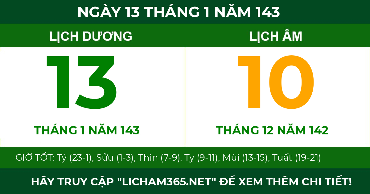 lịch âm ngày 13 tháng 1 năm 143