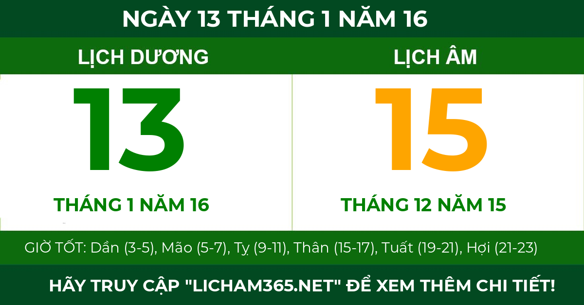 lịch âm ngày 13 tháng 1 năm 16