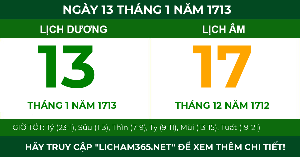 lịch âm ngày 13 tháng 1 năm 1713