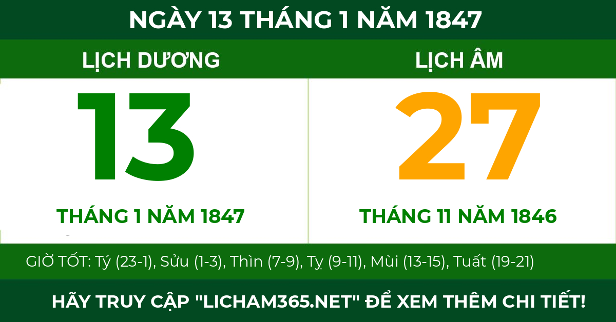 lịch âm ngày 13 tháng 1 năm 1847