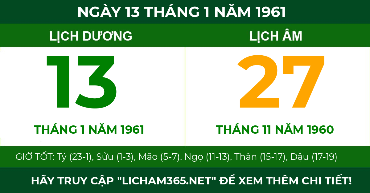 lịch âm ngày 13 tháng 1 năm 1961