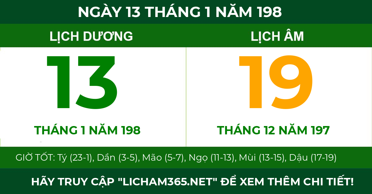 lịch âm ngày 13 tháng 1 năm 198
