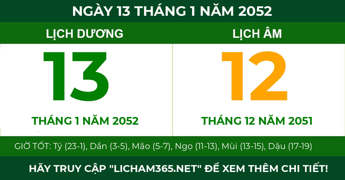 lịch âm ngày 13 tháng 1 năm 2052