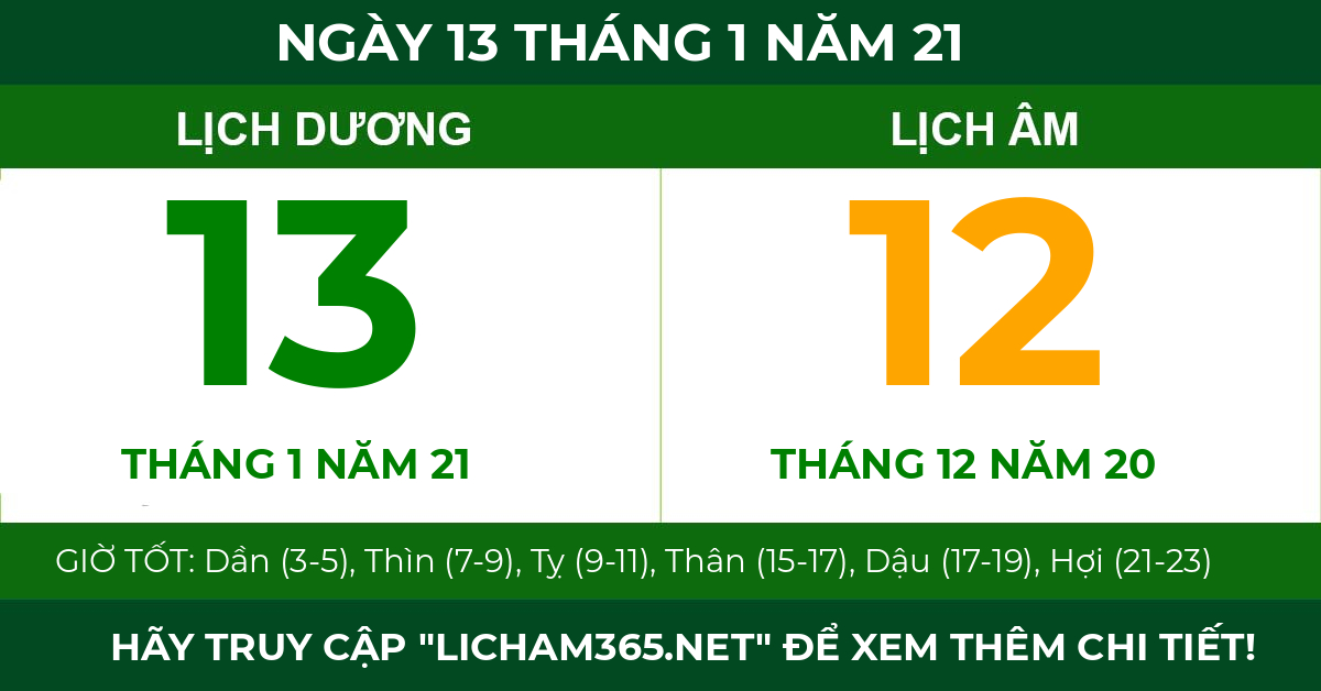 lịch âm ngày 13 tháng 1 năm 21