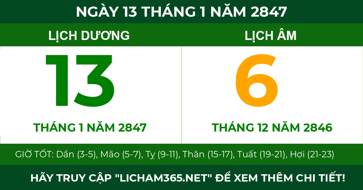 lịch âm ngày 13 tháng 1 năm 2847