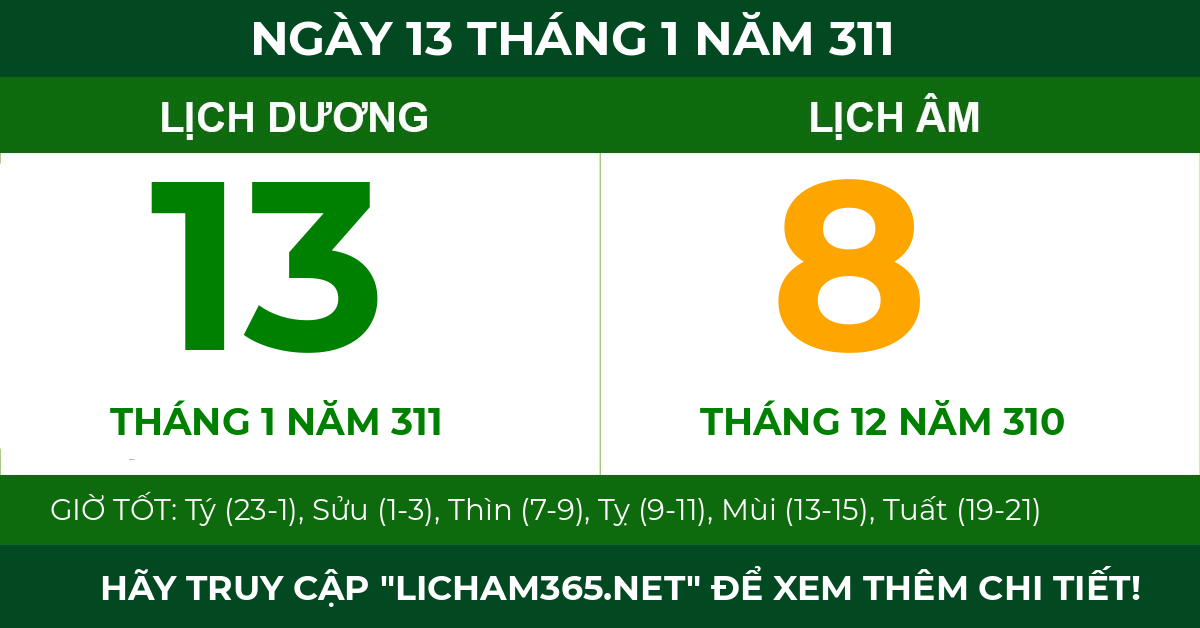 lịch âm ngày 13 tháng 1 năm 311