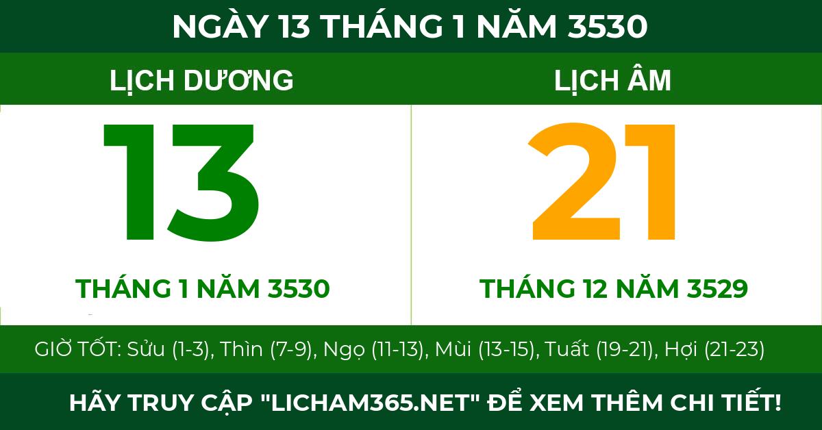 lịch âm ngày 13 tháng 1 năm 3530