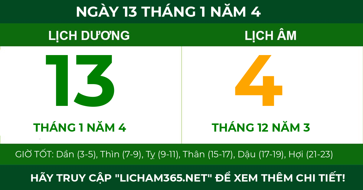 lịch âm ngày 13 tháng 1 năm 4
