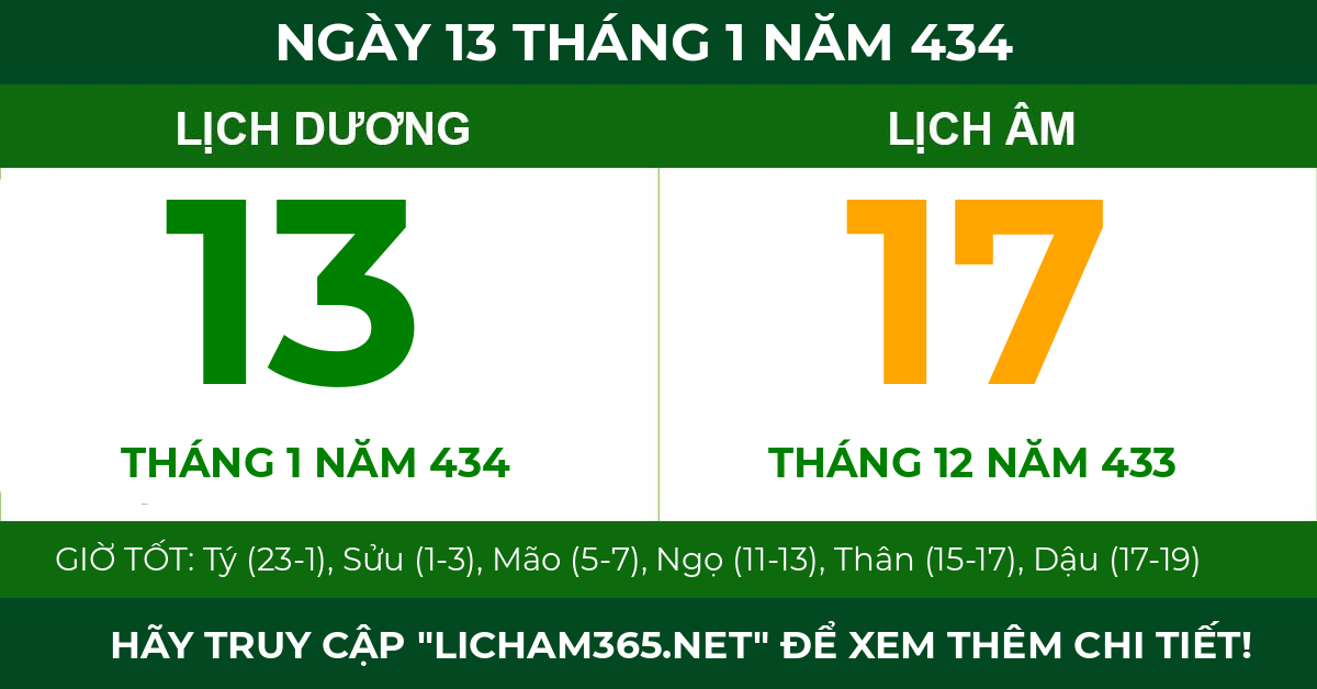 lịch âm ngày 13 tháng 1 năm 434