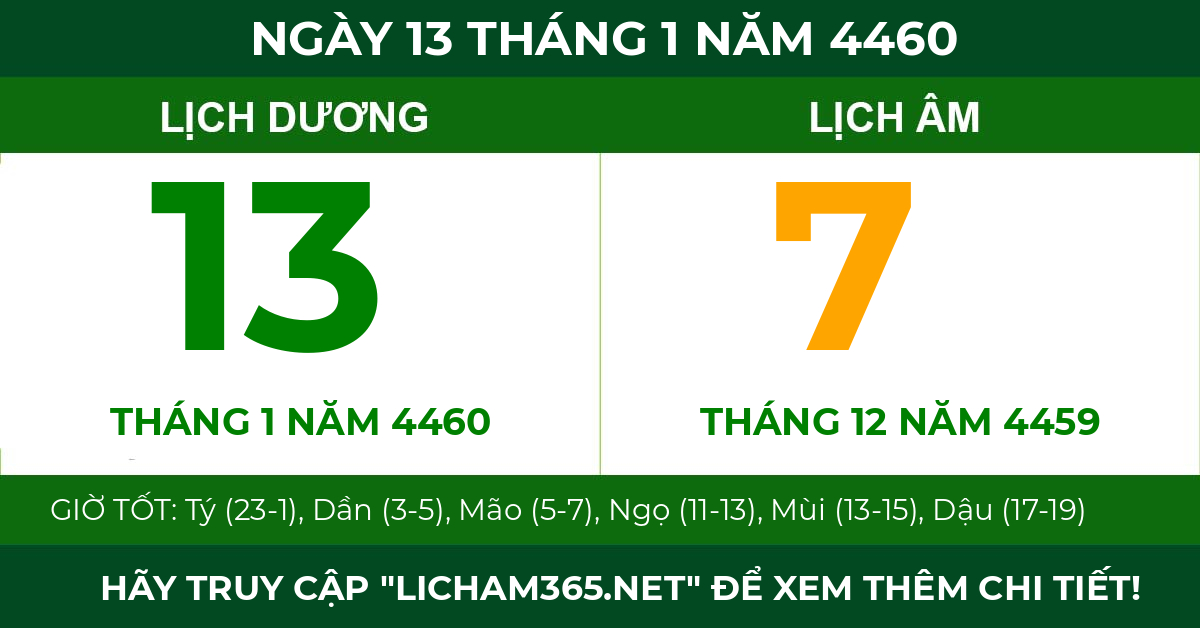 lịch âm ngày 13 tháng 1 năm 4460