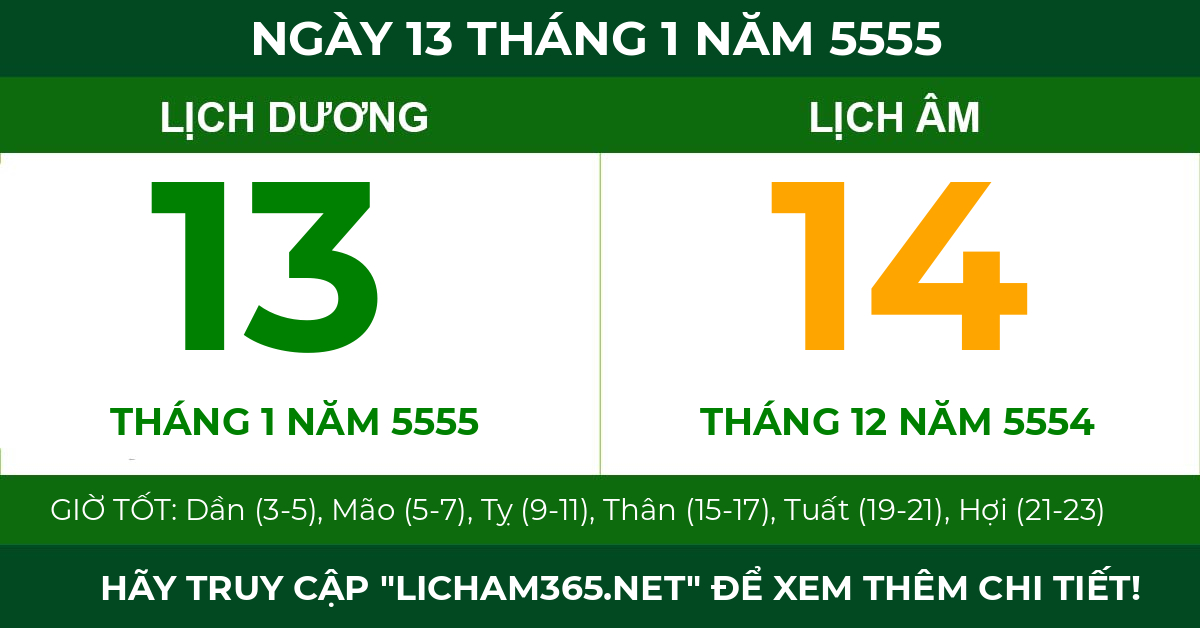 lịch âm ngày 13 tháng 1 năm 5555