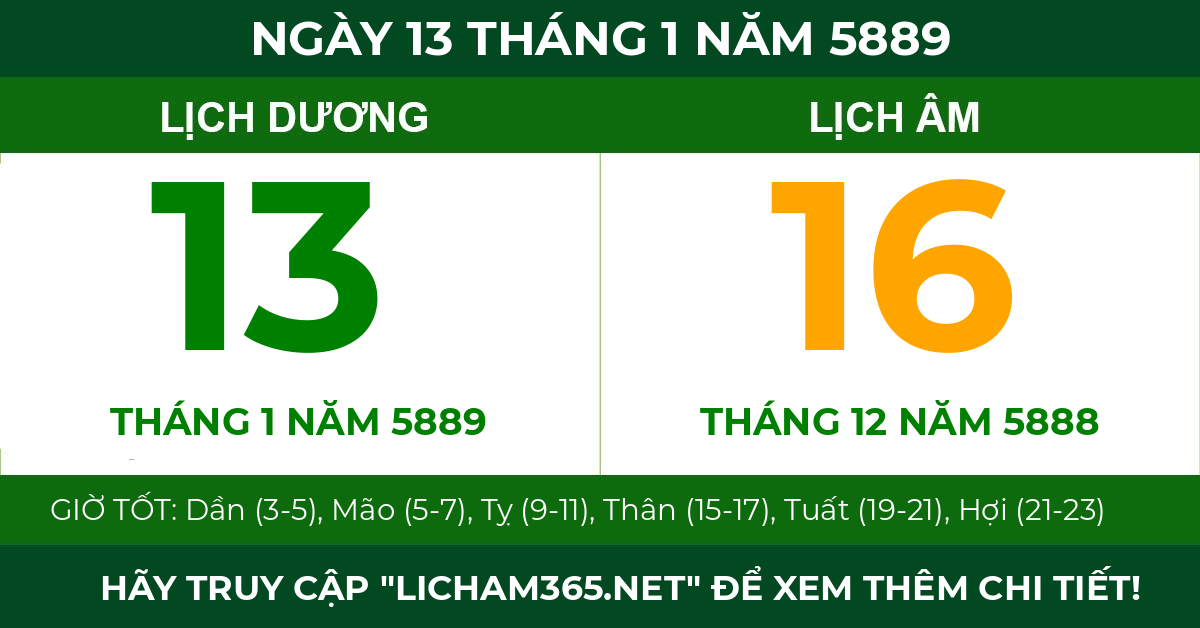 lịch âm ngày 13 tháng 1 năm 5889