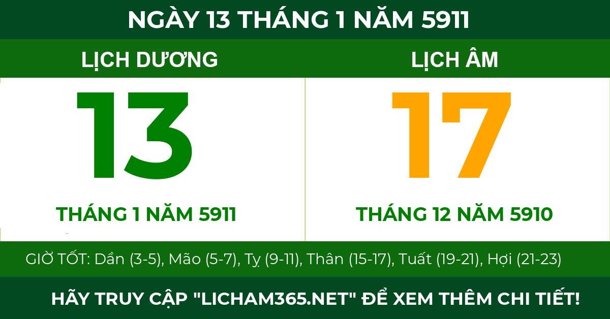 lịch âm ngày 13 tháng 1 năm 5911