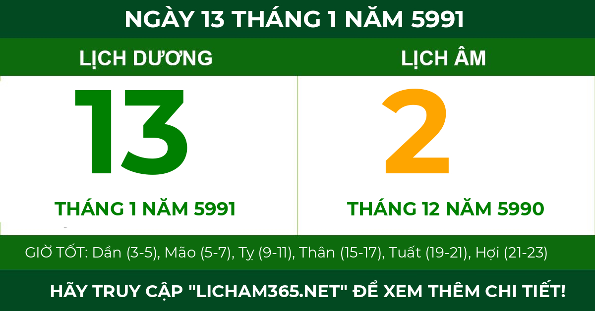 lịch âm ngày 13 tháng 1 năm 5991