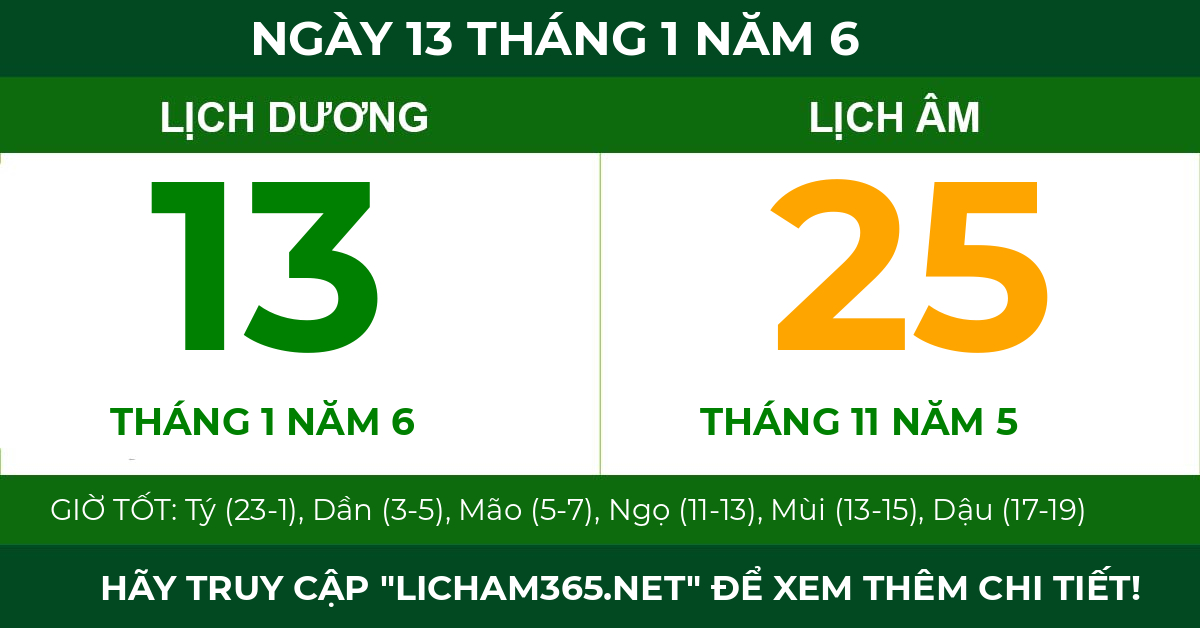 lịch âm ngày 13 tháng 1 năm 6