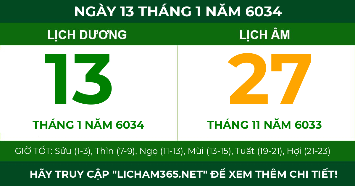 lịch âm ngày 13 tháng 1 năm 6034