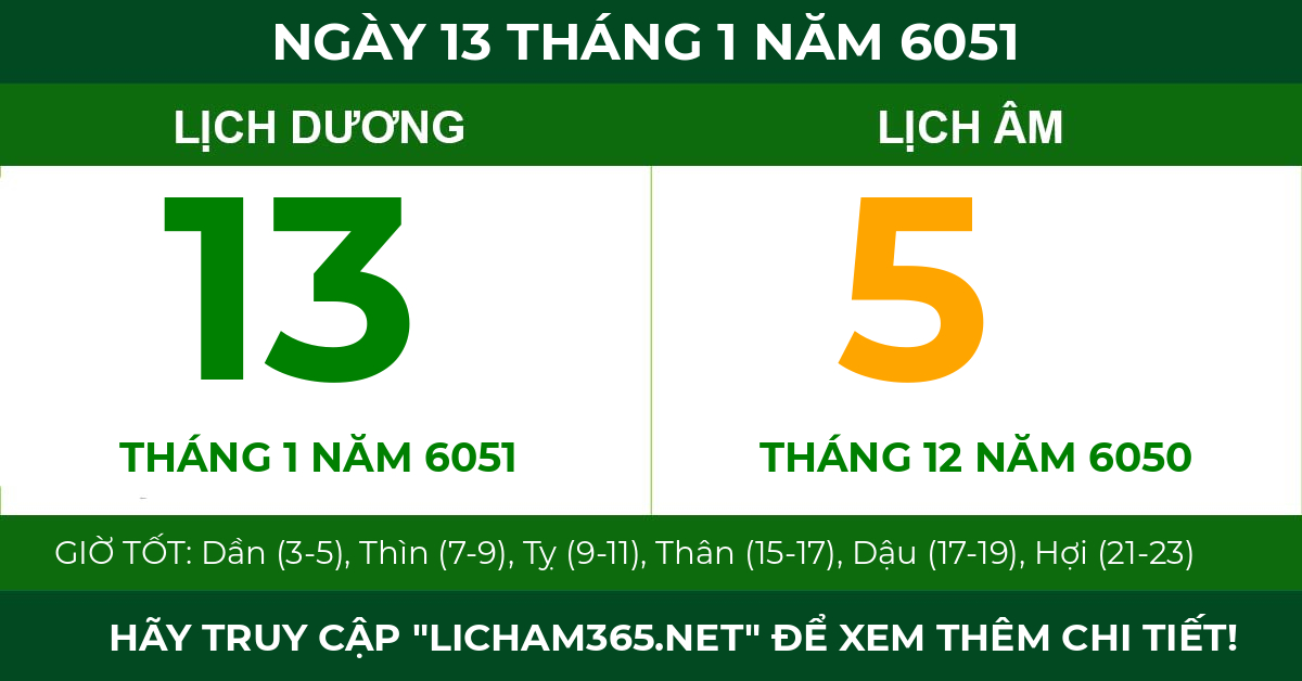 lịch âm ngày 13 tháng 1 năm 6051