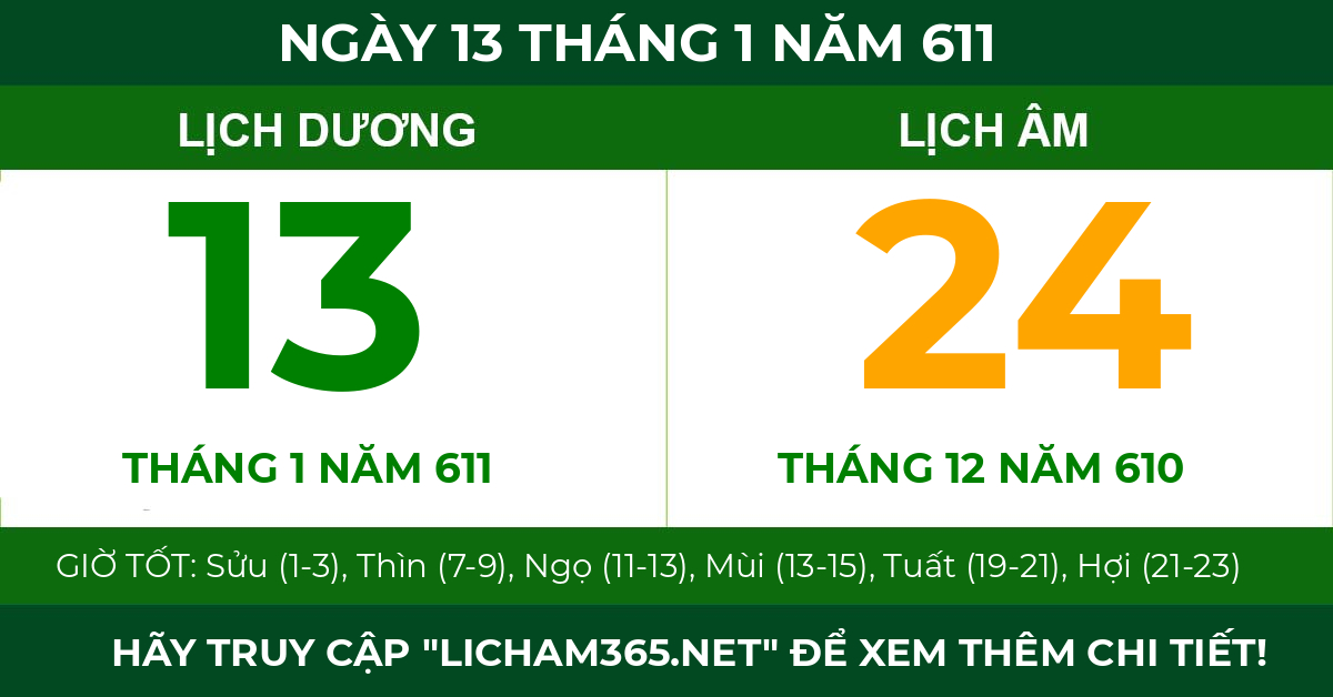 lịch âm ngày 13 tháng 1 năm 611