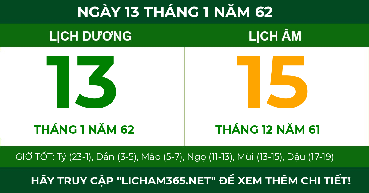 lịch âm ngày 13 tháng 1 năm 62