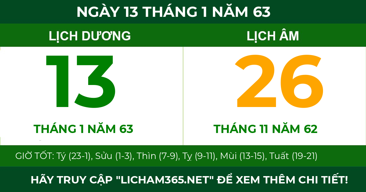 lịch âm ngày 13 tháng 1 năm 63