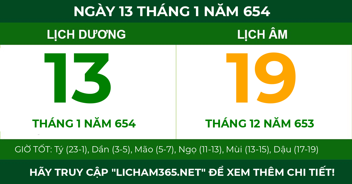 lịch âm ngày 13 tháng 1 năm 654