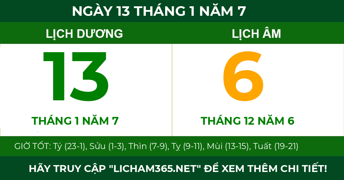 lịch âm ngày 13 tháng 1 năm 7