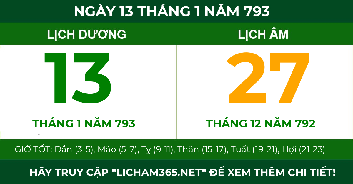 lịch âm ngày 13 tháng 1 năm 793