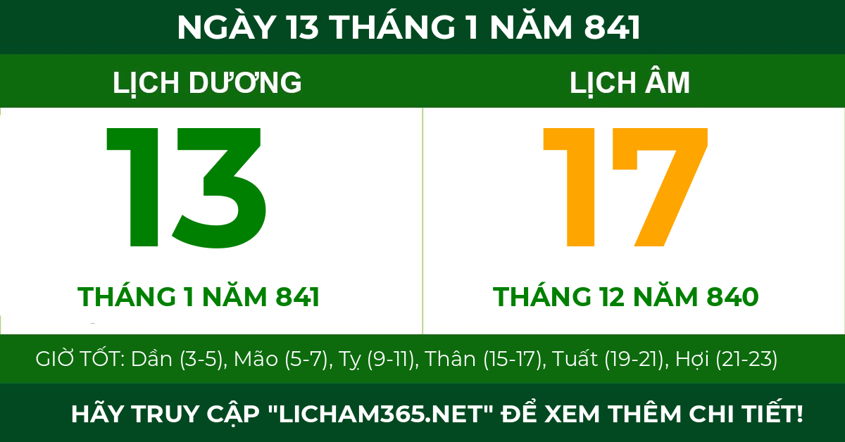 lịch âm ngày 13 tháng 1 năm 841