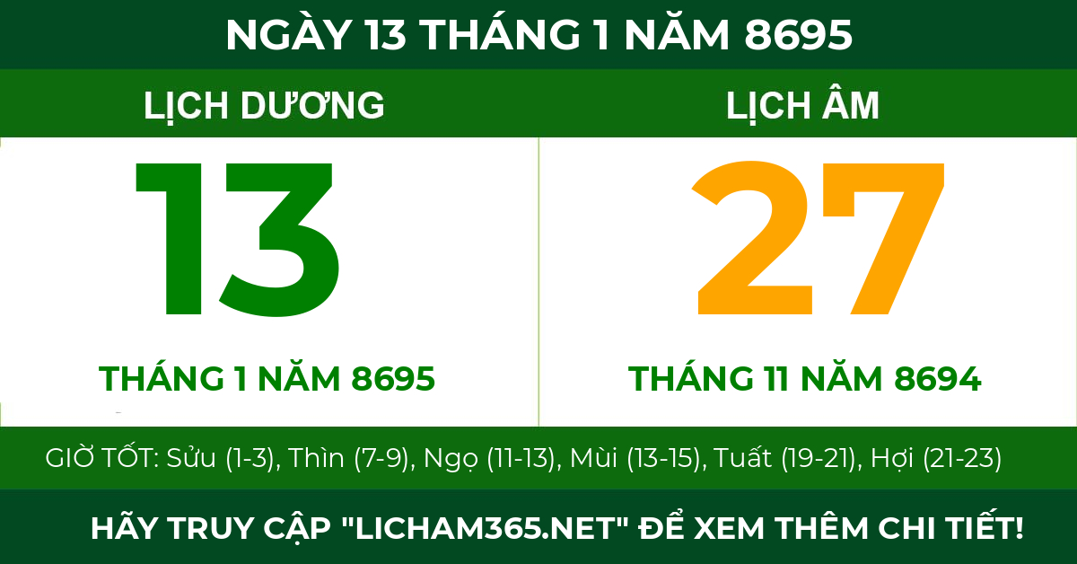lịch âm ngày 13 tháng 1 năm 8695