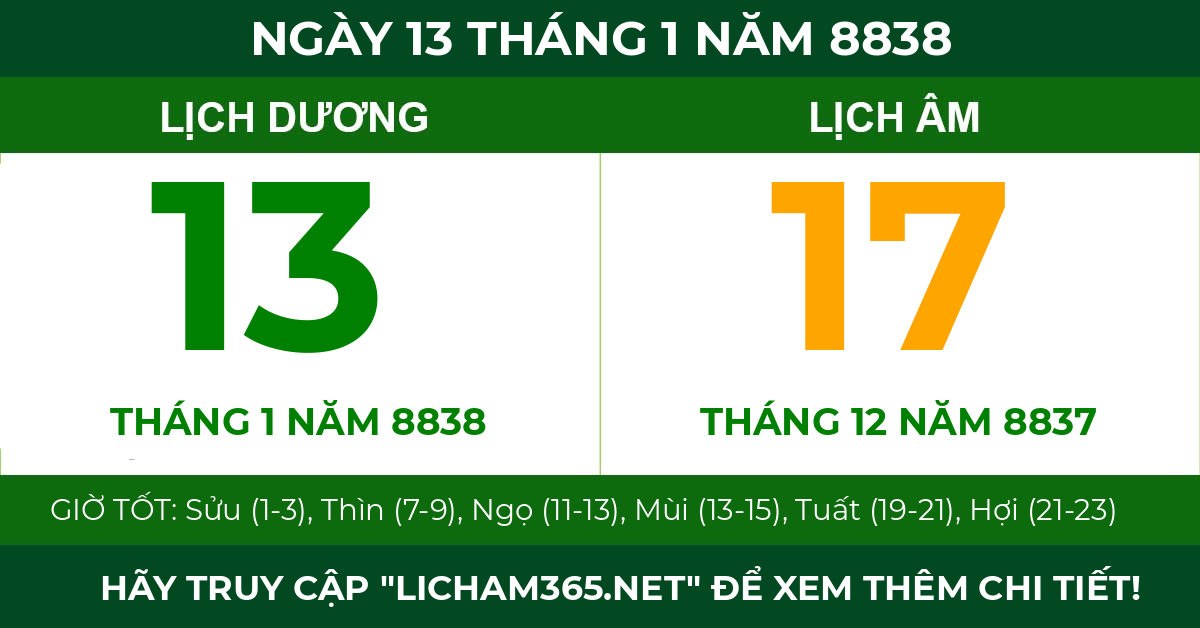 lịch âm ngày 13 tháng 1 năm 8838