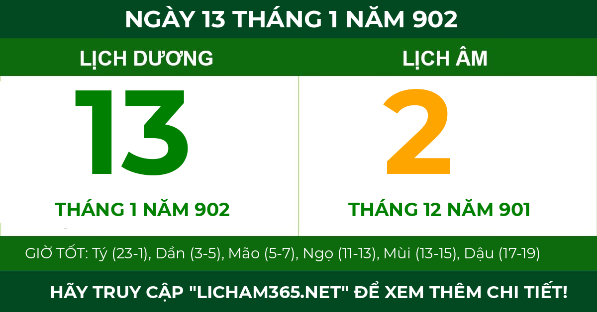 lịch âm ngày 13 tháng 1 năm 902