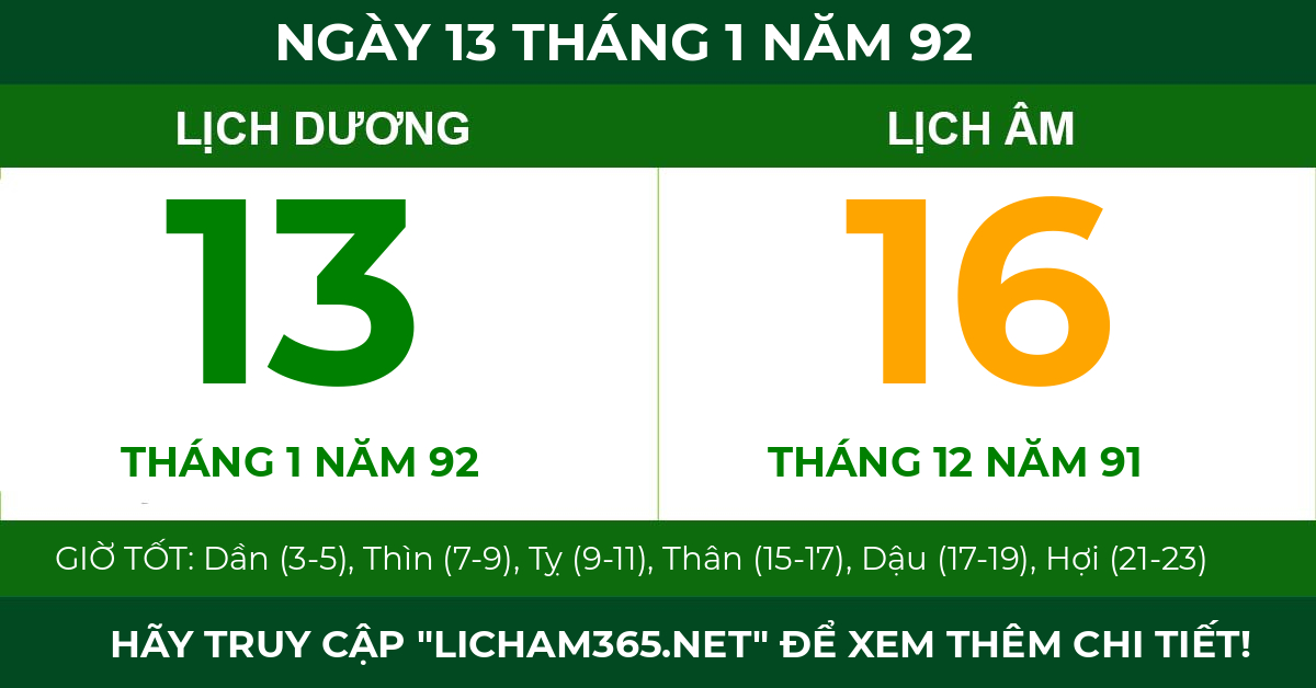 lịch âm ngày 13 tháng 1 năm 92