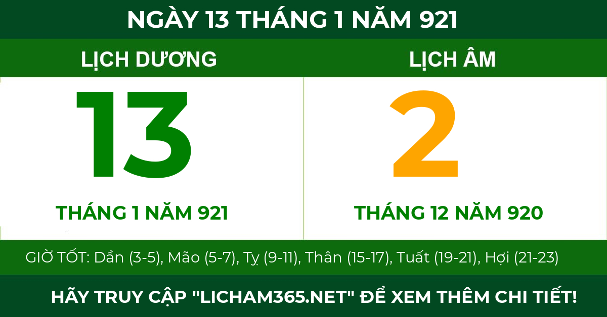 lịch âm ngày 13 tháng 1 năm 921
