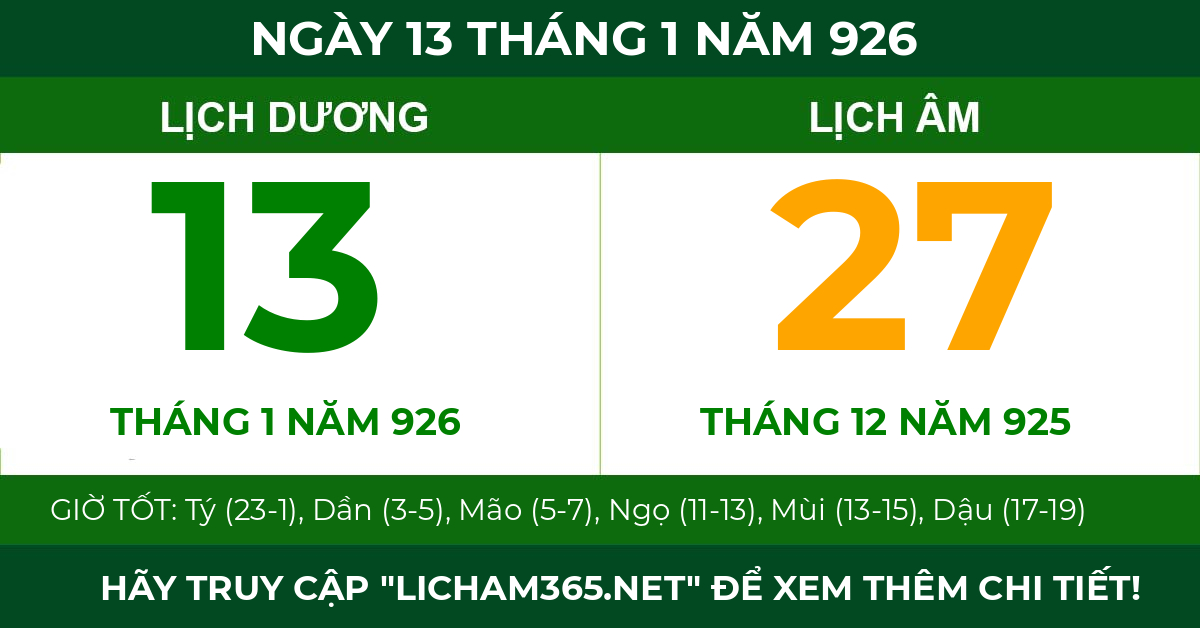 lịch âm ngày 13 tháng 1 năm 926