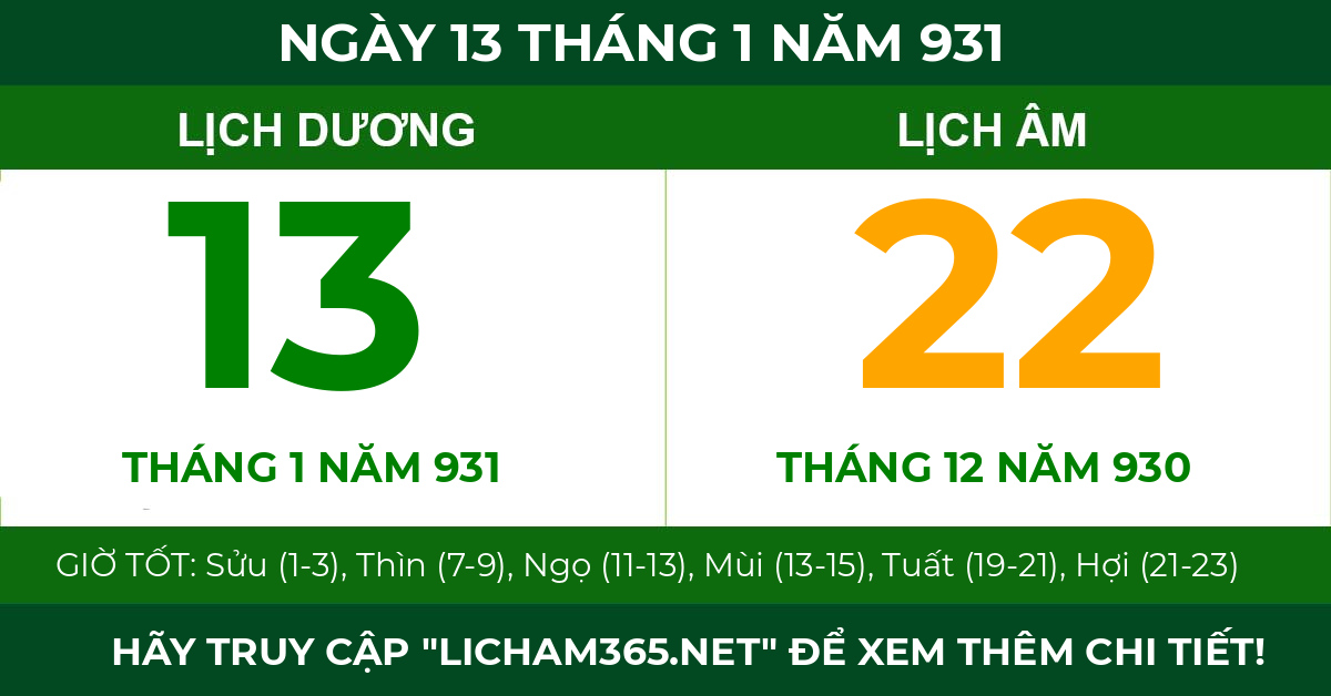 lịch âm ngày 13 tháng 1 năm 931