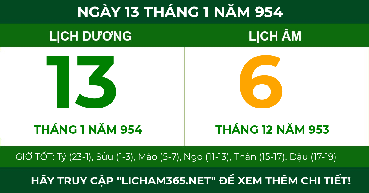 lịch âm ngày 13 tháng 1 năm 954