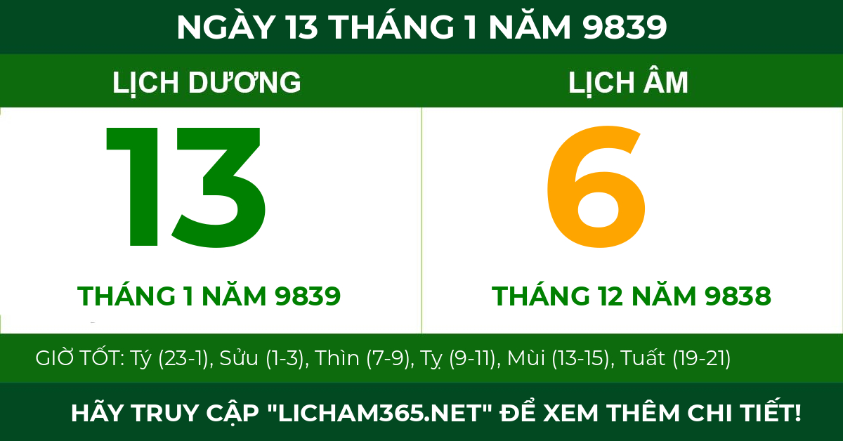 lịch âm ngày 13 tháng 1 năm 9839