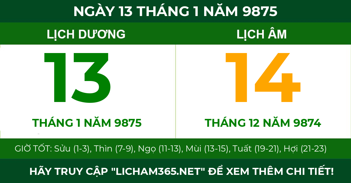 lịch âm ngày 13 tháng 1 năm 9875