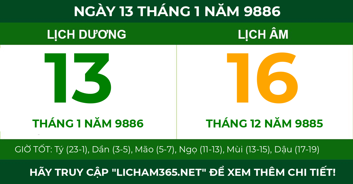lịch âm ngày 13 tháng 1 năm 9886
