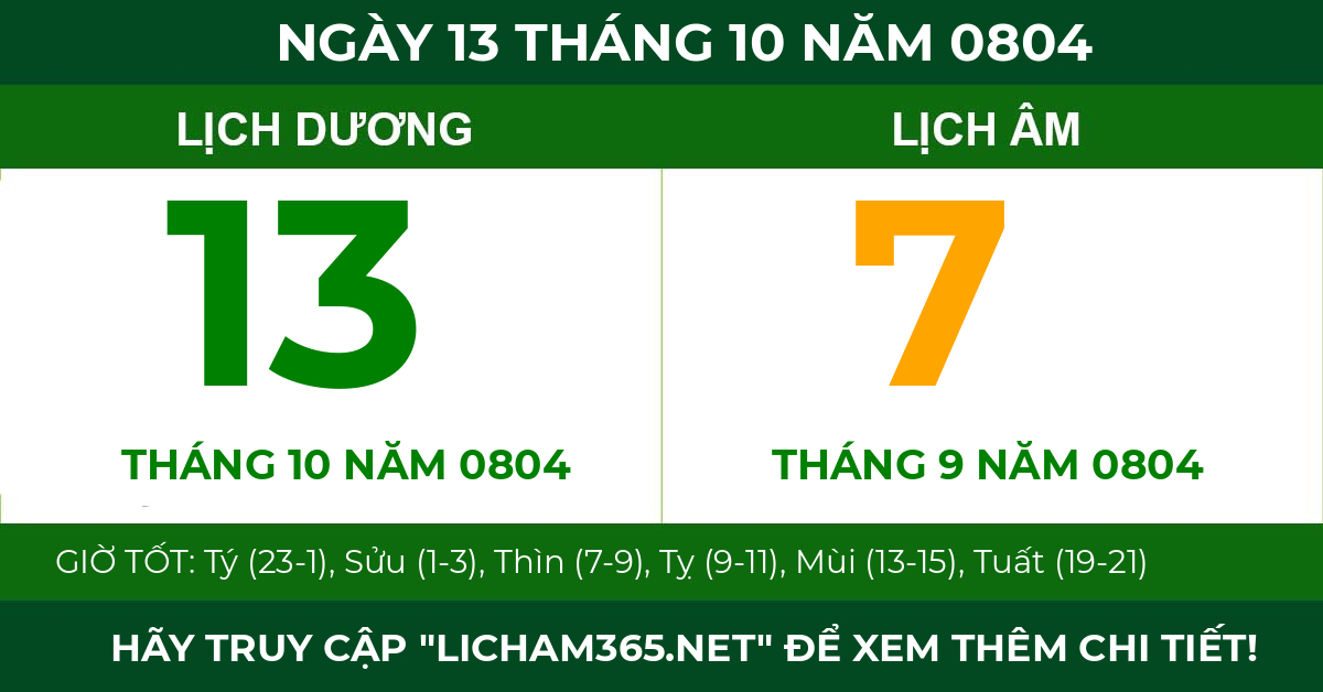 lịch âm ngày 13 tháng 10 năm 0804