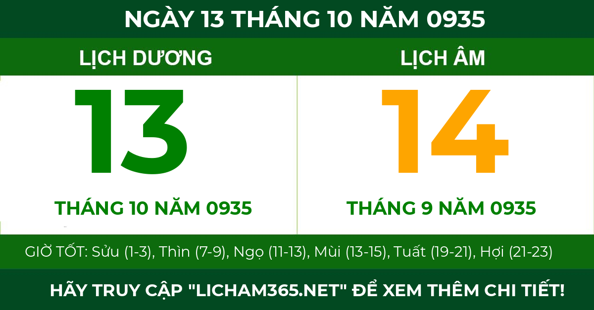 lịch âm ngày 13 tháng 10 năm 0935