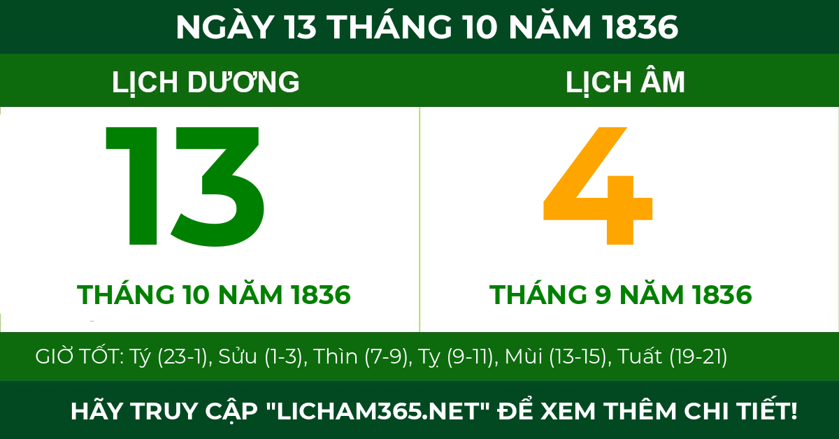 lịch âm ngày 13 tháng 10 năm 1836