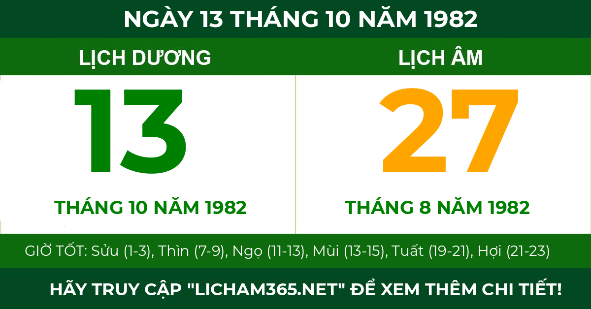 lịch âm ngày 13 tháng 10 năm 1982