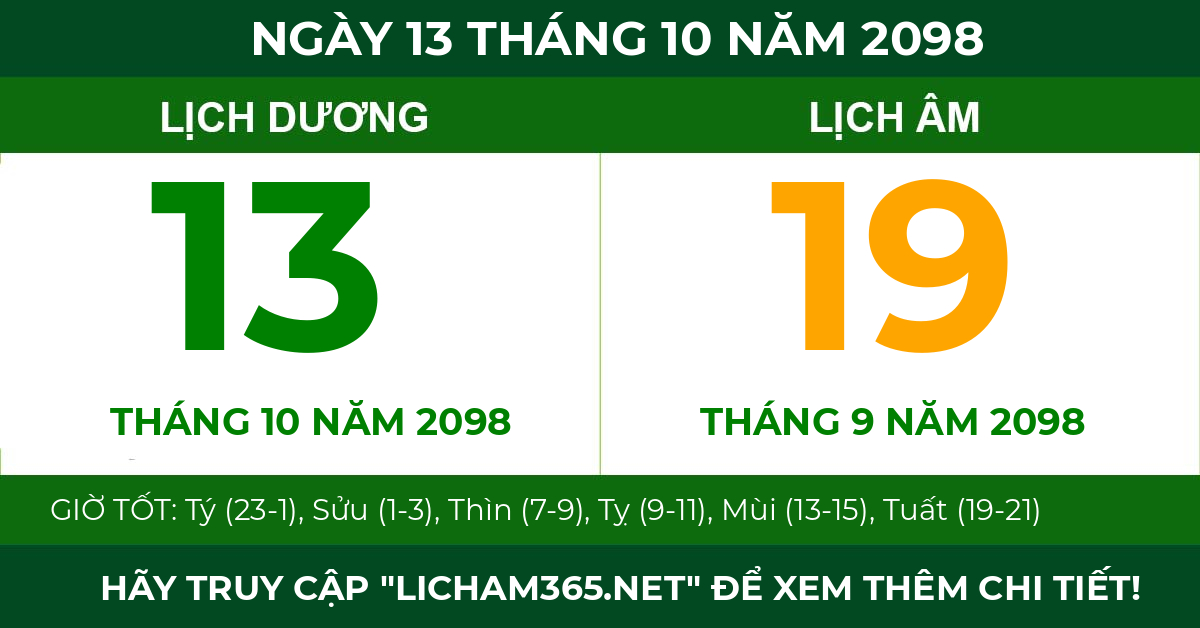 lịch âm ngày 13 tháng 10 năm 2098
