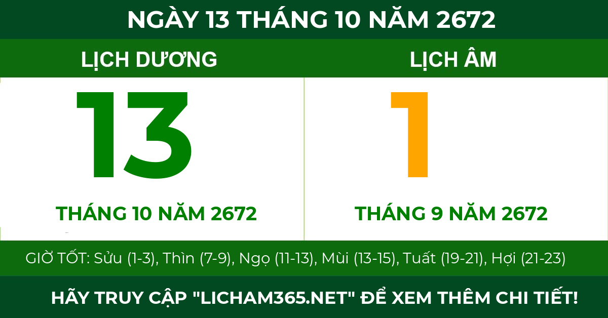 lịch âm ngày 13 tháng 10 năm 2672
