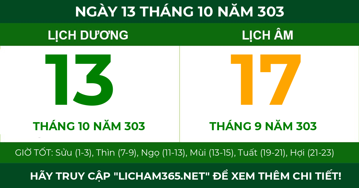 lịch âm ngày 13 tháng 10 năm 303