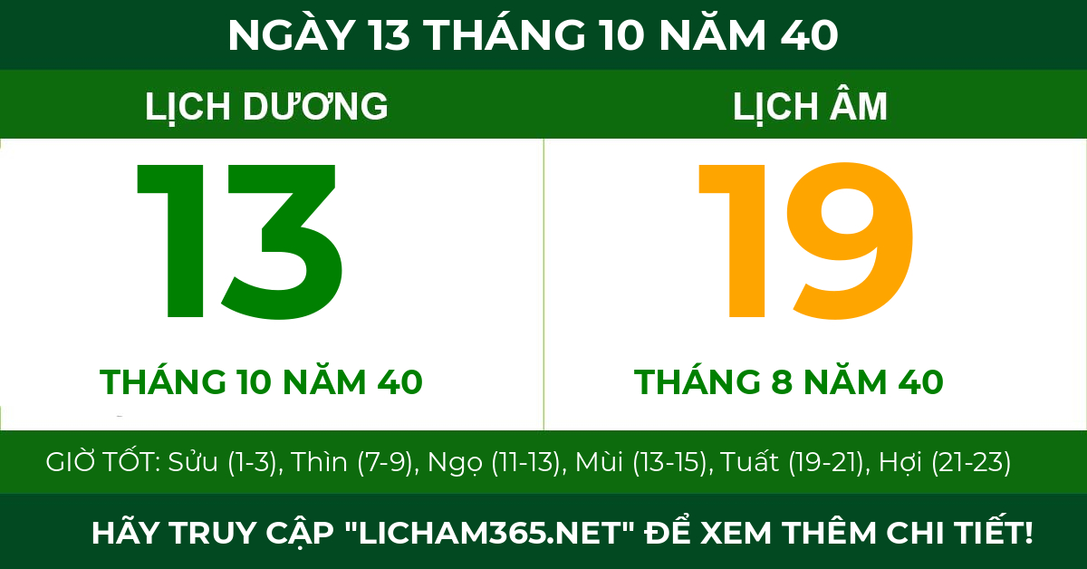 lịch âm ngày 13 tháng 10 năm 40