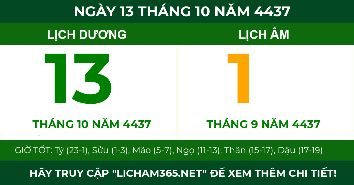 lịch âm ngày 13 tháng 10 năm 4437