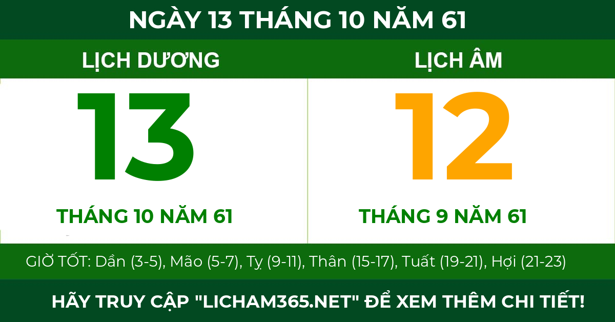 lịch âm ngày 13 tháng 10 năm 61