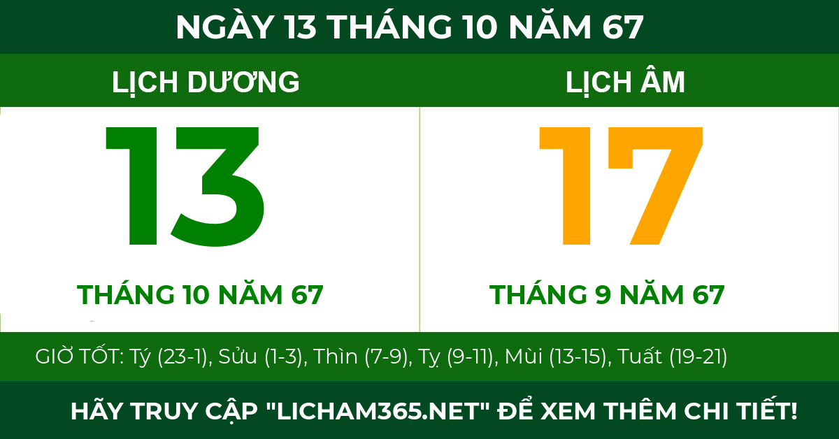 lịch âm ngày 13 tháng 10 năm 67